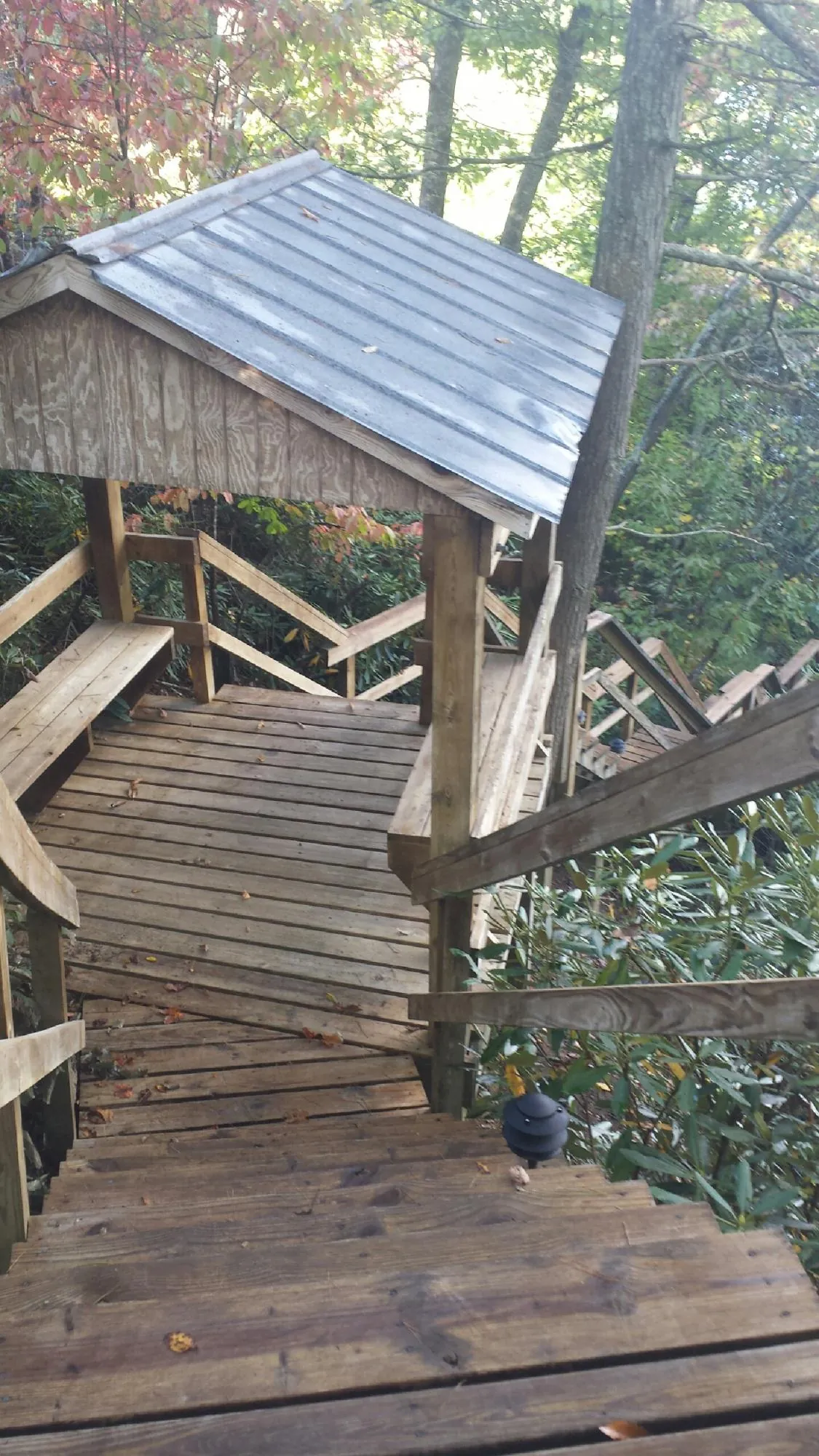 Metal roofed shelter over wooden steps on a wooded walkway — Skylight Repair & Installation work by our crew in Champion